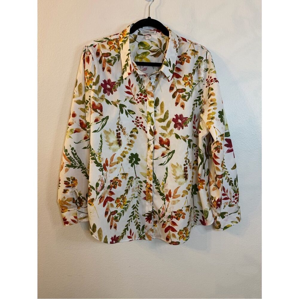 Coldwater Creek Womens Shirt Button Up Long Sleeve Off White Floral Size 18